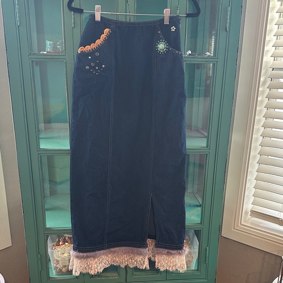 Double D Ranch Dresses & Skirts - Vintage Double D Ranch Denim Maxi Skirt – Rare Embellished Western Boho Couture